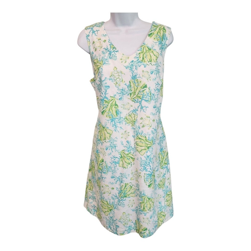 J.Jill Love Linen Dress Medium White Green Blue Sleeveless V Neck‎ Coral Turtle